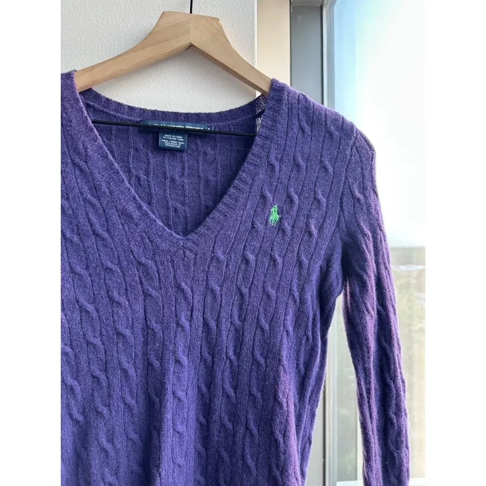Vintage Ralph Lauren Sport Purple V-Neck Cable Knit Lambwool Academia Sweater M